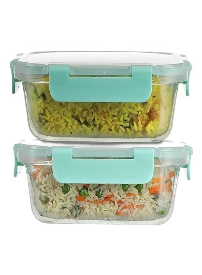 SIMPARTE 370ml Rectangular Borosilicate Glass Food Storage Containers with Detachable Airtight Leak-Proof Blue Lids - Set of 2 | Microwave, Freezer & Dishwasher Safe | Transparent Lunch Boxes - Image 2